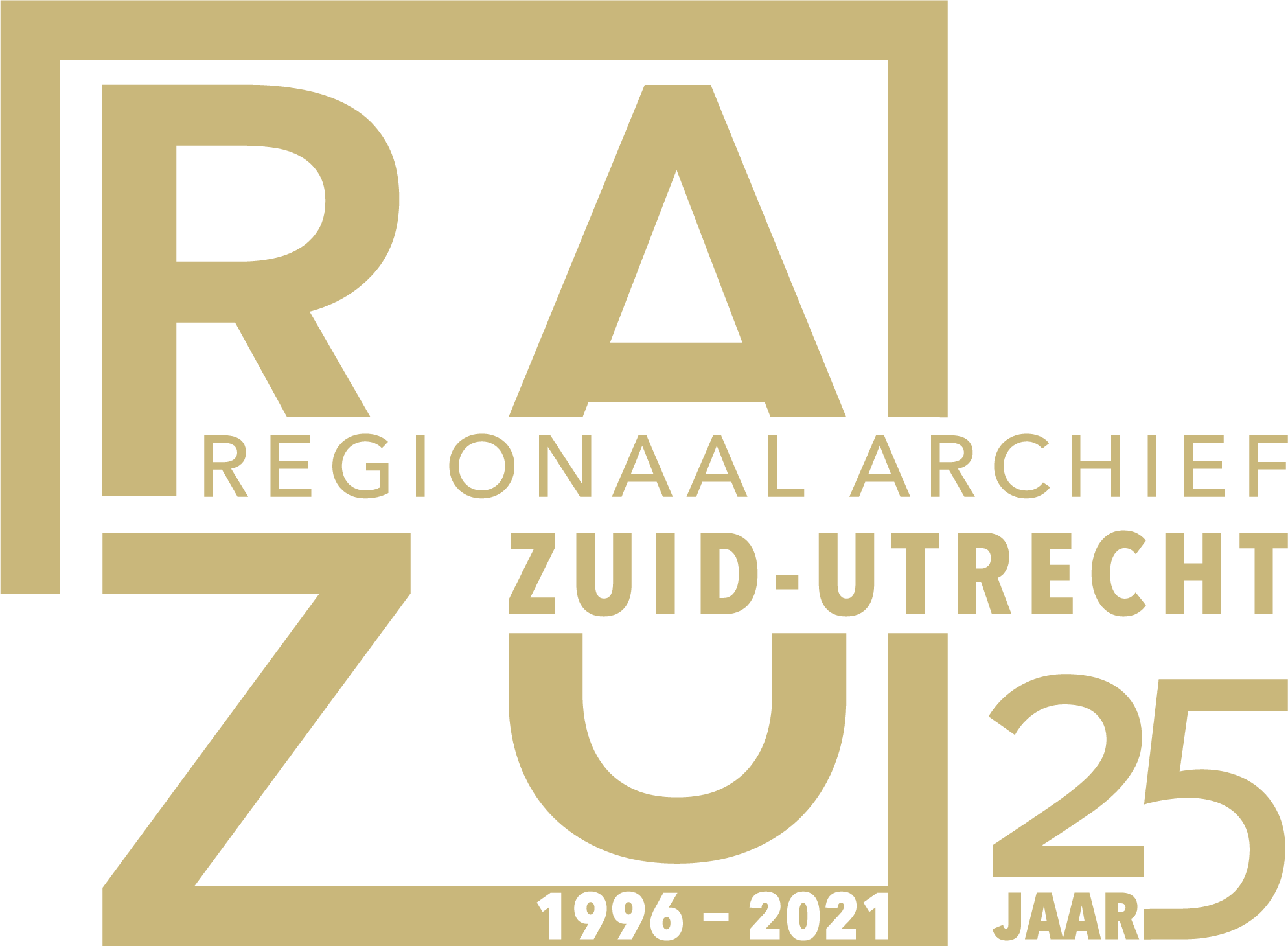 Het logo van het Regionaal Archief Zuid-Utrecht in zandgele kleur met een vermelding naar het jubileum in de vorm van de tekst "25 jaar 1996 - 2021"