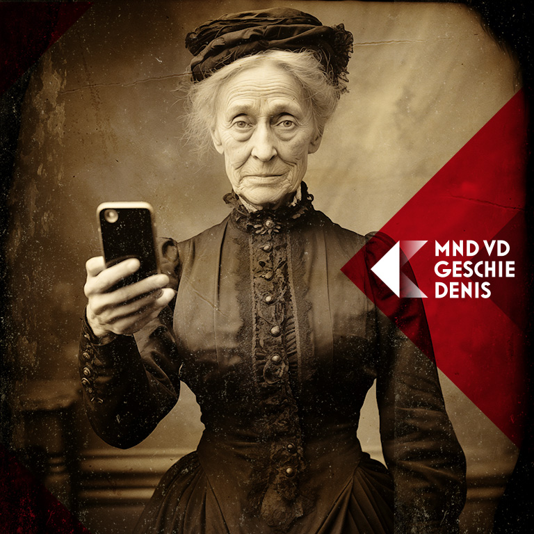 Campagne poster van Maand van de Geschiedenis, met daarop een vrouw uit de negentiende eeuw die een moderne smartphone vast houdt. Het logo van de maand van de geschiedenis is rechts afgebeeld.